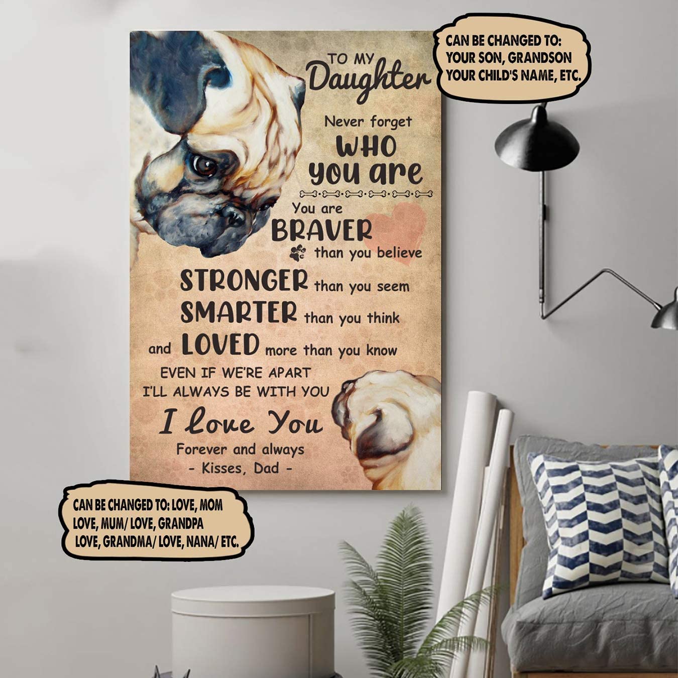 Poster for Room Aesthetic -Command Strips Wall Decor – Dn52 Customizable Pug Poster – Dad to Daughter – Never Forget Who You are