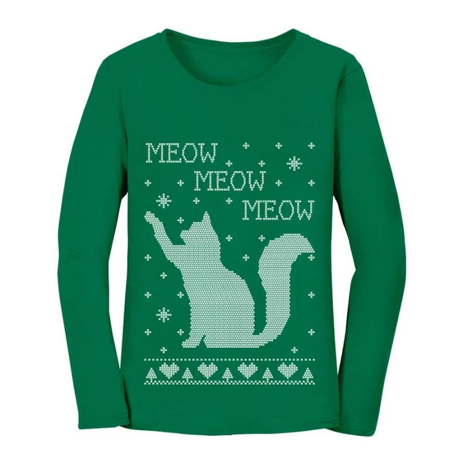 Xmas Apparel – Ugly Christmas Sweater Cat Meow Purr Women Long Sleeve T-Shirt