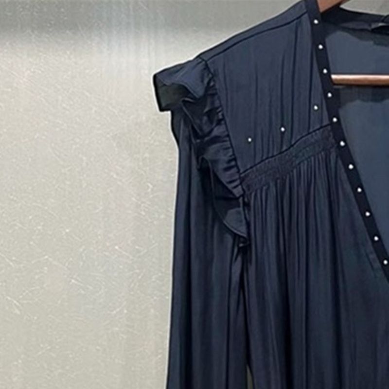 Women Rivets Mini Dress V-neck Long Flared Sleeve Lace-up Pleated A-line Ruffles Female Short Robes Autumn 2022 alx