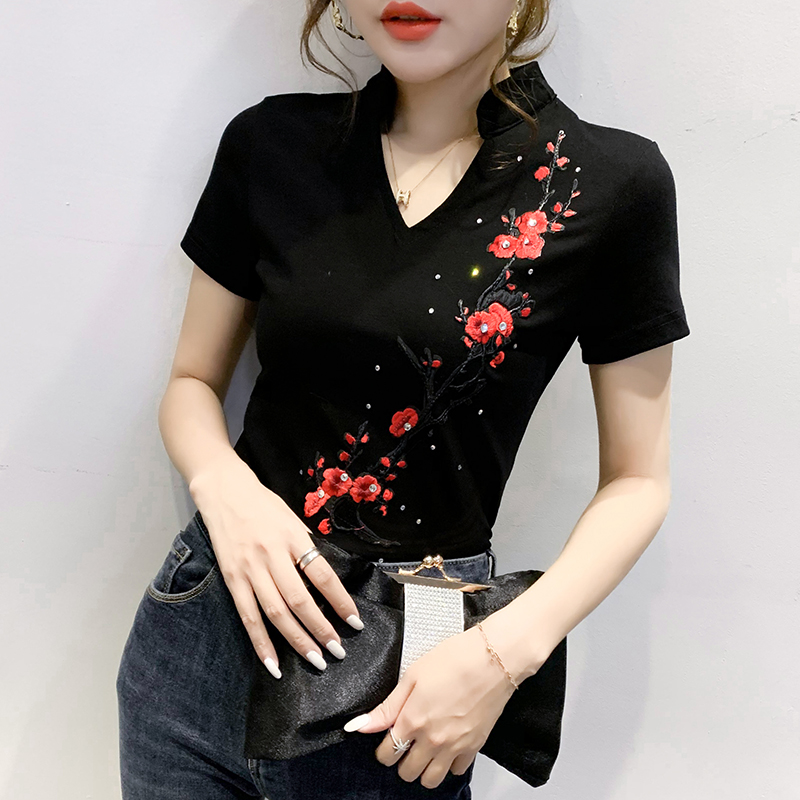 Summer Fashion Folk Clothes T-Shirt Sexy Patchwork Embroidery Diamonds Women Tops Ethnic Bottoming Shirt Tees 2022 New T02005 alx