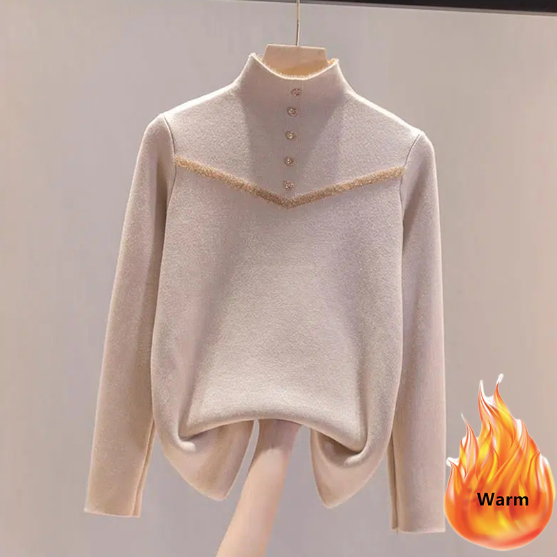 Women Winter Mock Neck Plush Lined Sweater Casual Thicken Warm Knit Tops Korean Slim Pullover Soft Plus Velvet Knitwear Jumper alx