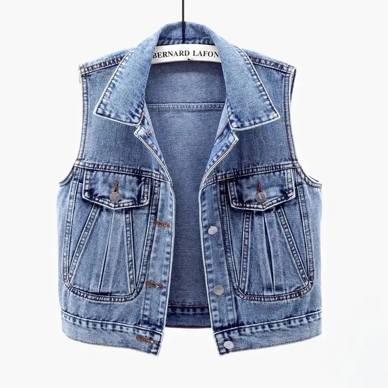 Women’s Classic Lapel Cropped Denim Vest Korean Style Pocket Slim Jean Chalecos Mujer Summer Streetwear Blue Sleeveless Jacket alx