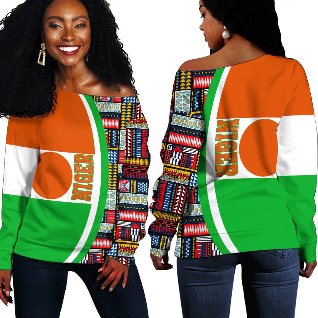 Africazone Clothing – Niger Flag And Kente Pattern Special Women’S Off Shoulder Sweaters A35