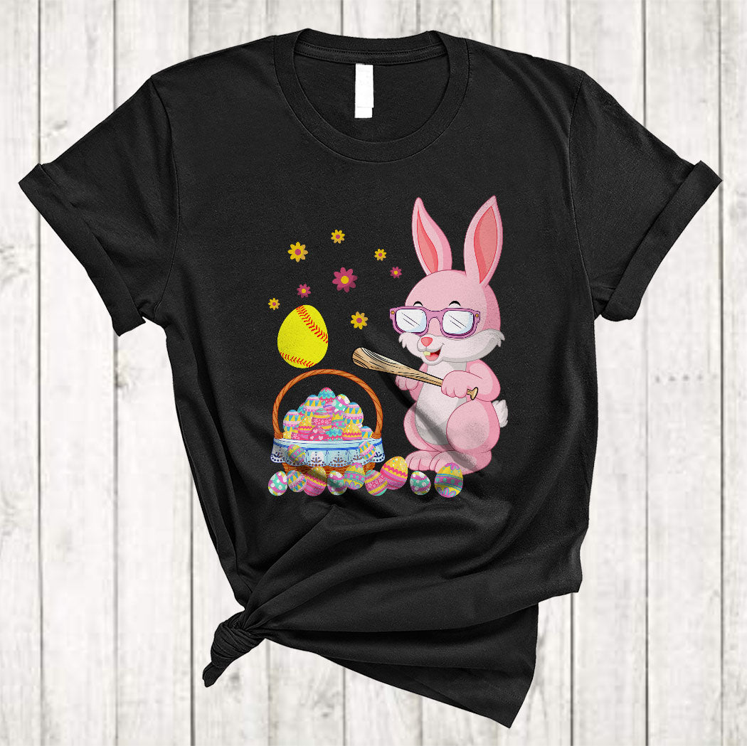 Bunny Playing Softball With Easter Egg Basket Funny Easter Day Softball Player Lover Gifts T-Shirt