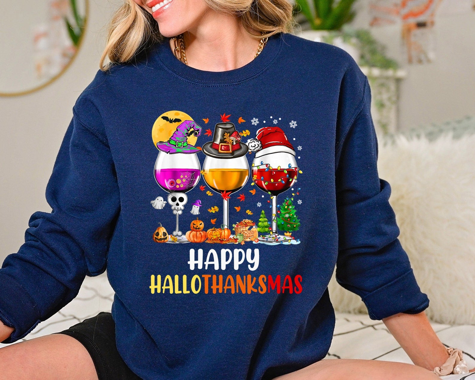 Happy Hallothanksmas Sweatshirt Halloween 2D Crewneck Sweatshirt All Over Print Sweatshirt For Women Sweatshirt For Men Sws3578