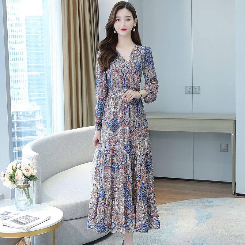 2022 Vintage Print Chiffon Boho Beach Maxi Dress Spring Autumn Long Sleeve Elegant Dress Casual Women Bodycon Party Sexy Vestido alx