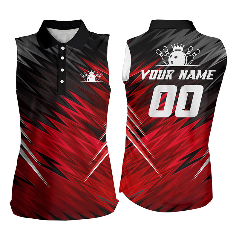 Red And Black Womens Sleeveless Polo Shirts Custom Bowling Shirts For Women, Team Bowling Jersey