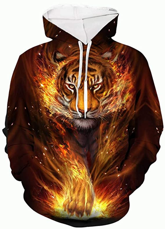 Unisex Men’S Women 3D Printe Hoodies Tiger Fire Hoodie With Pockets