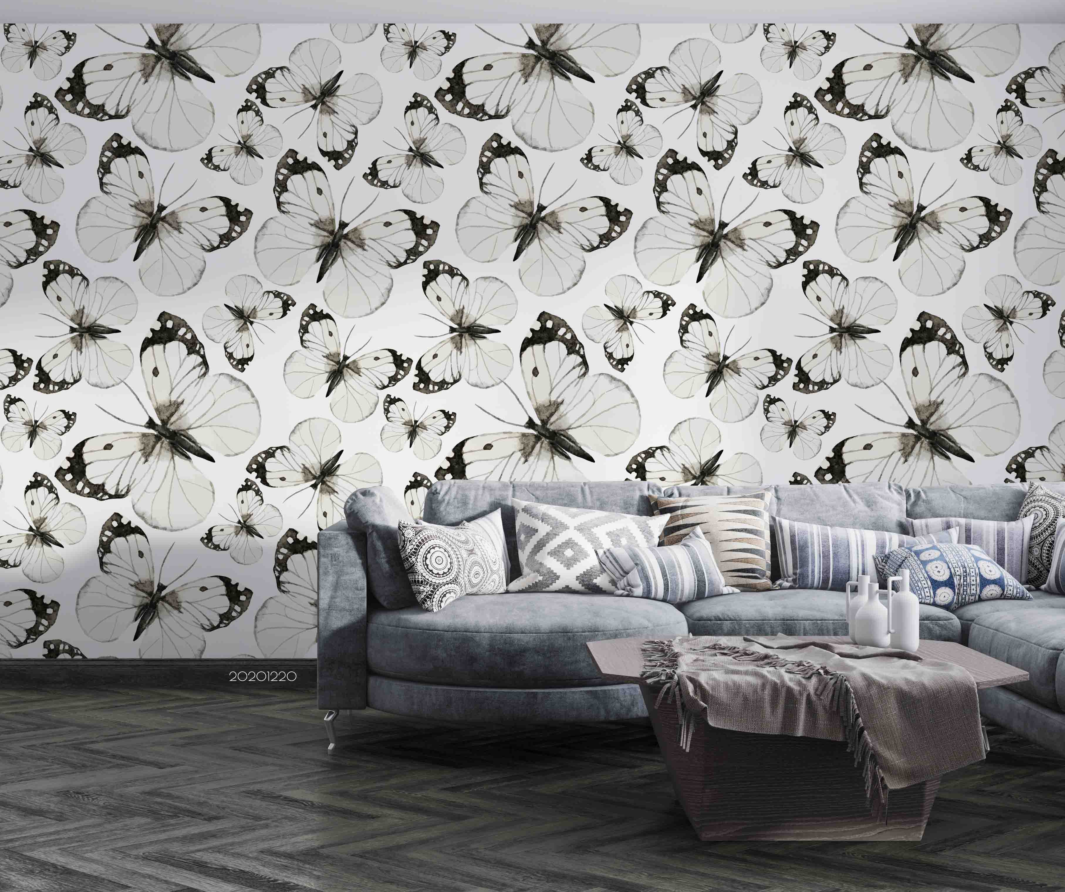 3D Hand Drawn Animal Grey Butterfly Wall Mural Wallpaper Lqh 117