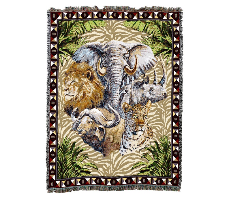 Big Five Safari Lion Elephant Zebra Rhino Buffalo Vintage Retro Style Couch Sofa Blanket,  Woven Throw Blanket Home Decor