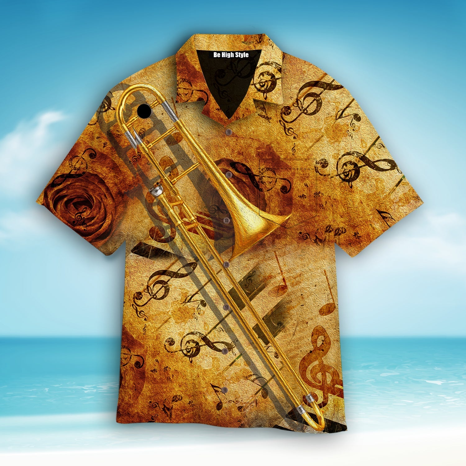 Yellow Trombone Music Hawaiian Shirt With Pocket | Sp1070