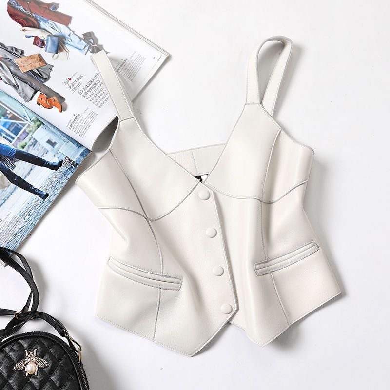 2022 New Spring Autumn Sexy Women Short Leather Vest Top Women V Neck Sleeveless Sling real leather vest alx