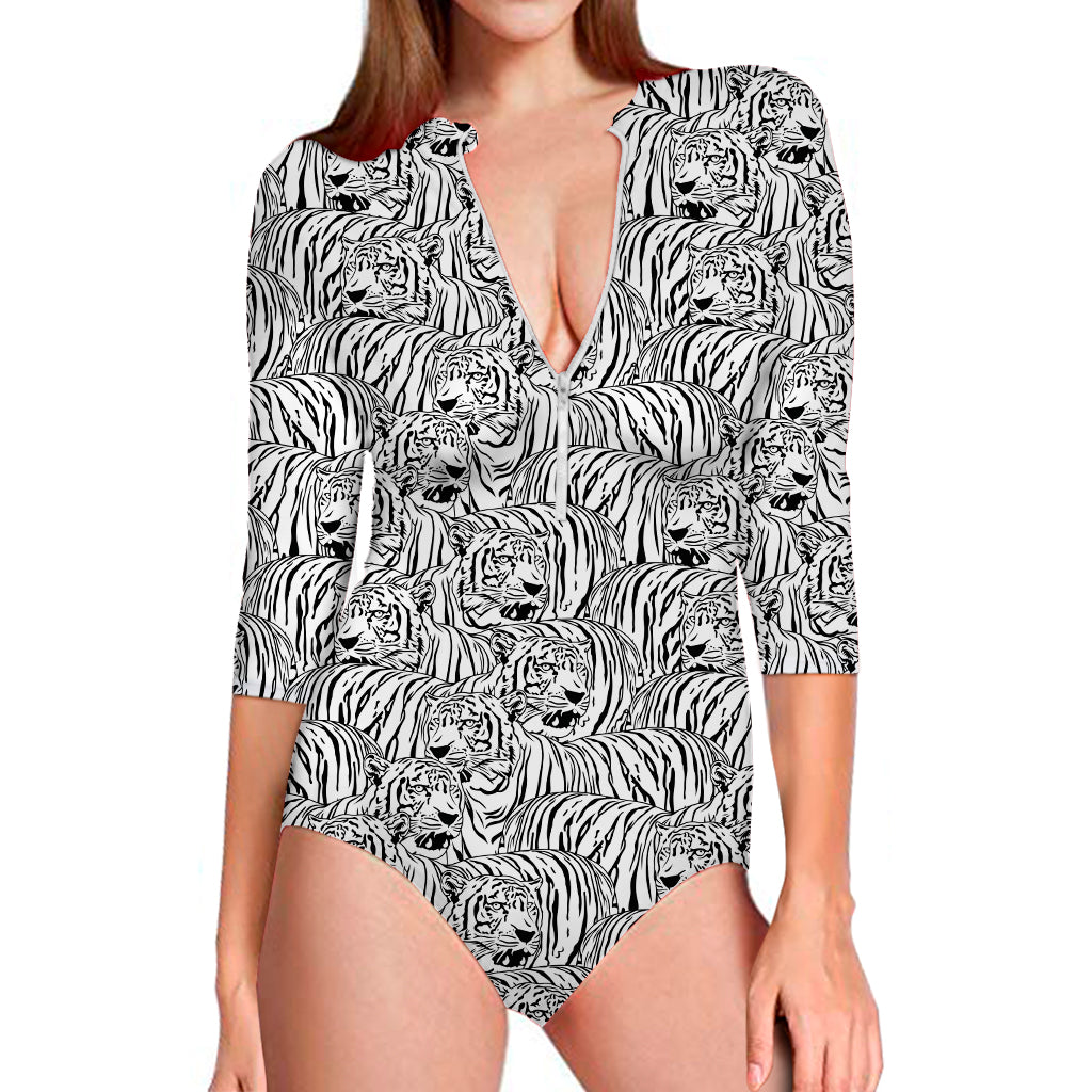 Black And White Tiger Pattern Print Long Sleeve One Piece Swimsuit