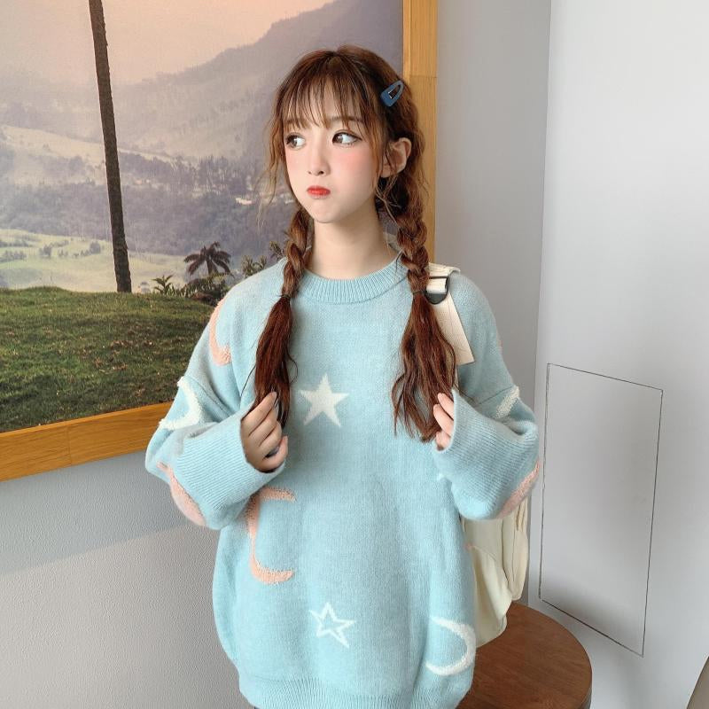 Stars and Moon Pattern Loose Sweater