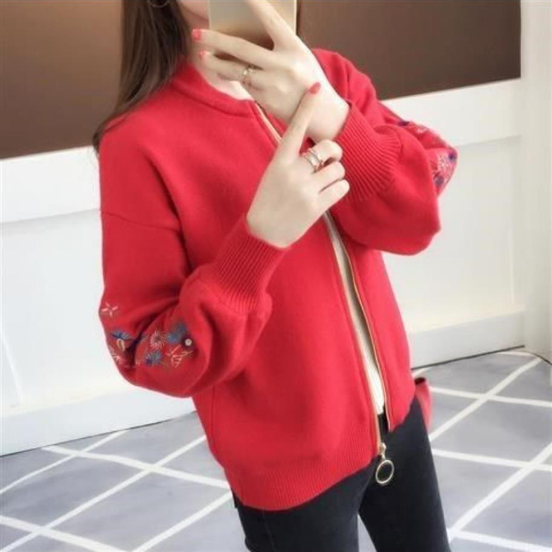 Casual Embroidered Zipper Knitted Coat Women Korean O-Neck Long Sleeve Sweater Cardigan Spring Fashion Knit Baseball Jacket Tops alx