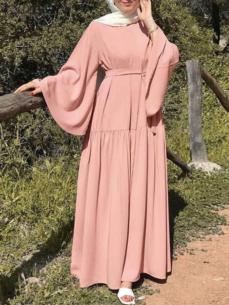 ZANZEA Fashion O-Neck Long Sleeve Abaya Maxi Sundress Muslim Women Spring Solid Color Dress Elegant Casual Kaftan Holiday Robe alx