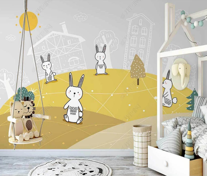 3D Hand-Painted Cartoon Rabbit Wall Mural Wallpaper Sww3288