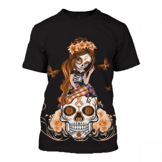 Skull Gift Fight Like A Warrior™ Orange Leukemia Cancer Sugar Skull Girl Awareness Hoodie Luekemia