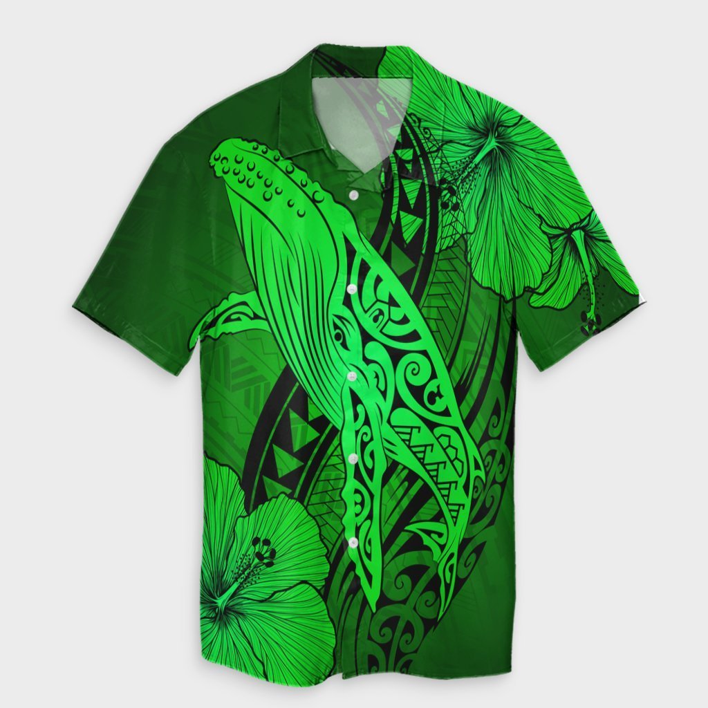 Hawaiian Map Whale Swim Hibiscus Polynesian Hawaiian Shirt – Green