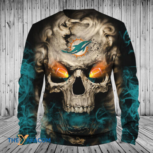 Miami Dolphins Skull For Fan Gift Sweatshirt Long Sleeve Crewneck Casual Pullover Top