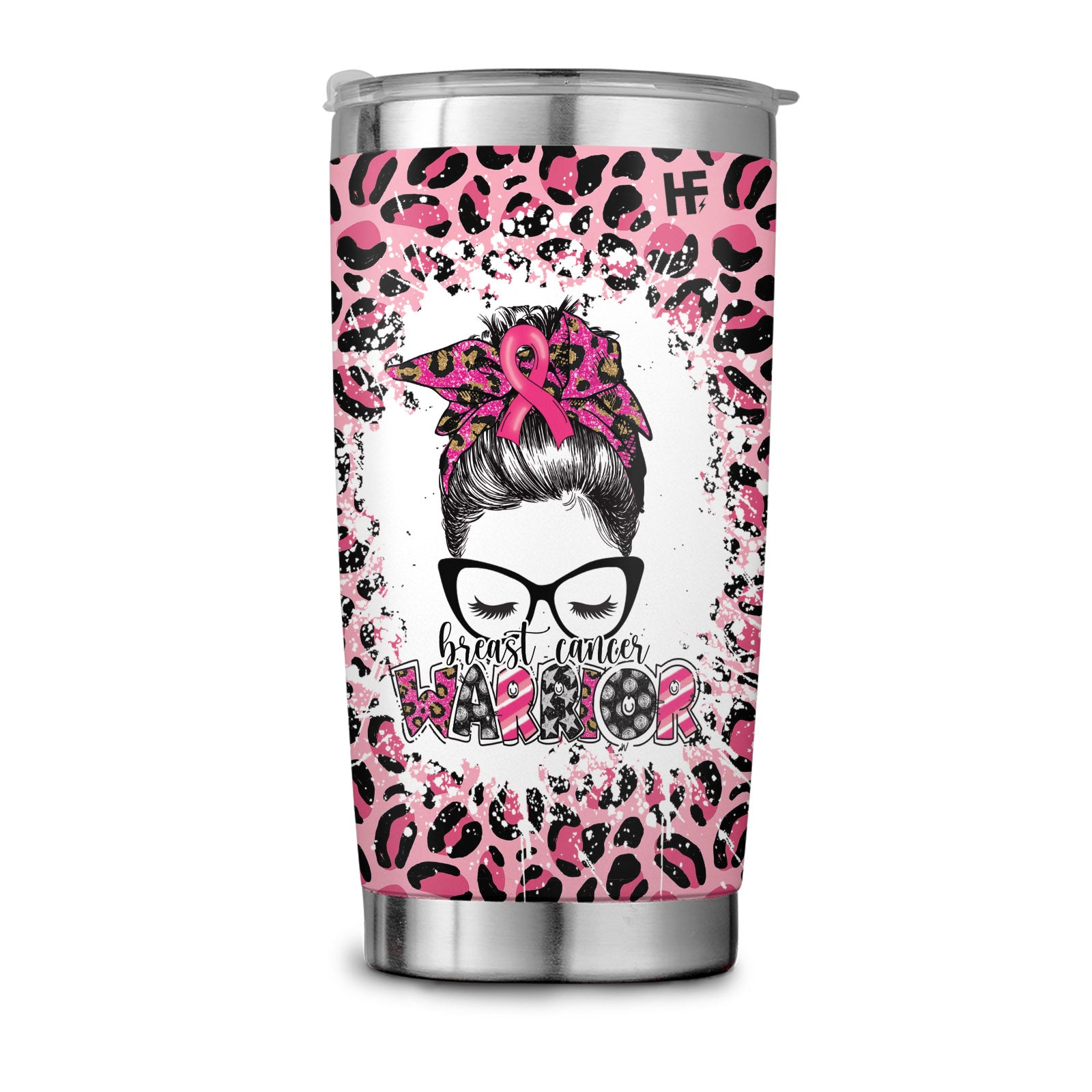 Pink Leopard Breast Cancer Warrior Stainless Steel Tumbler, Breast Cancer Awareness Stainless Steel Cup With Lid