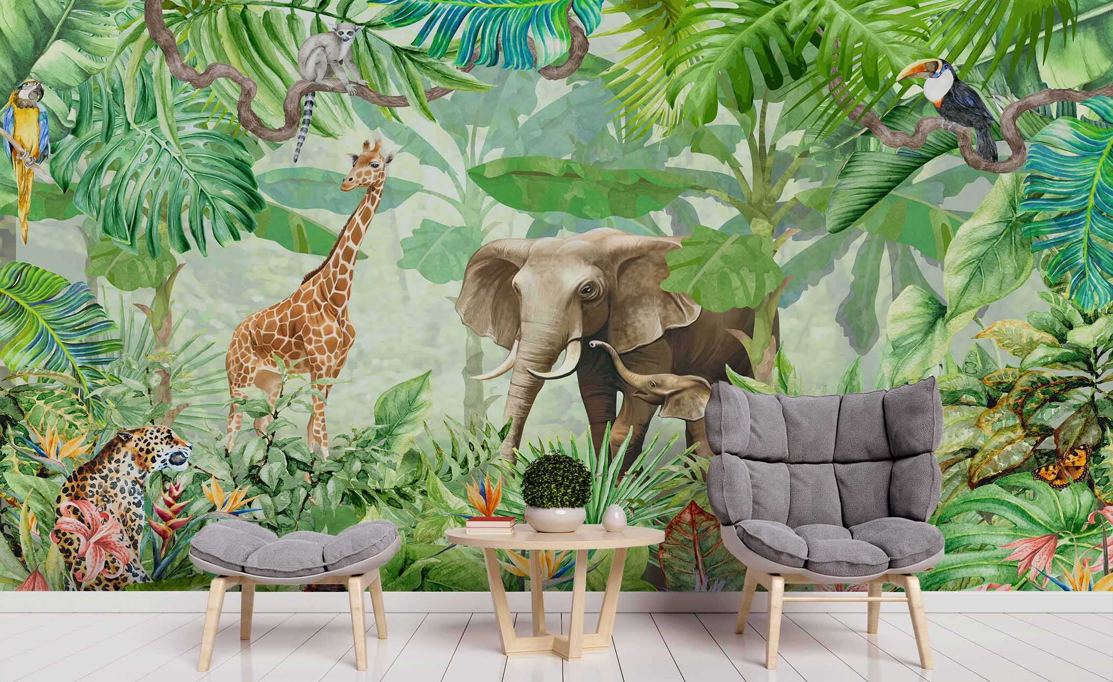 3D Green Forest Animal Elephant Giraffe Wall Mural Wallpaper Lqh 103