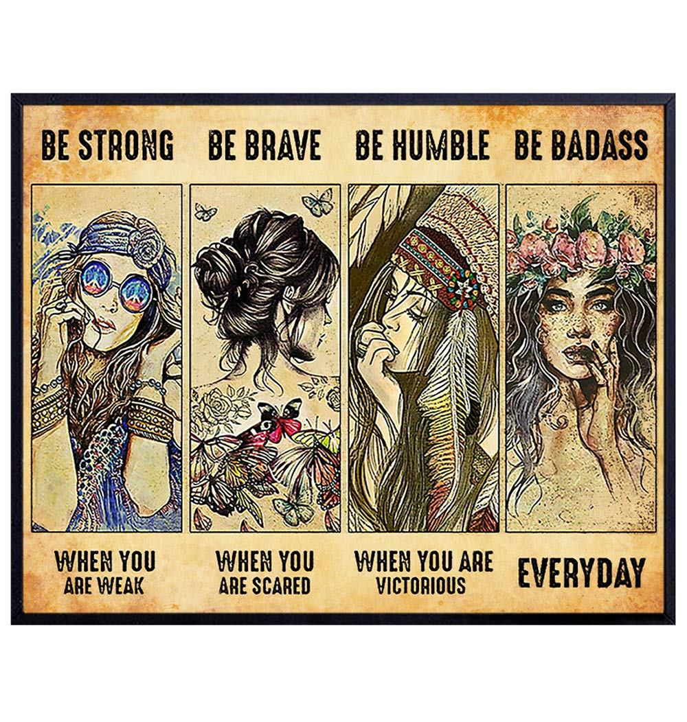 Boho Bohemian Wall Decor – Be Strong Be Brave Be Badass Poster – Boho Bohemian Wall Art- Motivational Wall Art – Inspirational Positive Quotes – Uplifting Encouragement Gifts For Women, Girls, Teens – Hippie Room Decor