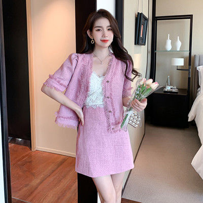 2022 New High Quality Female Elegant Skirt Suits Fashion Tweed Two Piece Set Women Short Sleeve Jacket Mini Slim Skirt Outfits alx