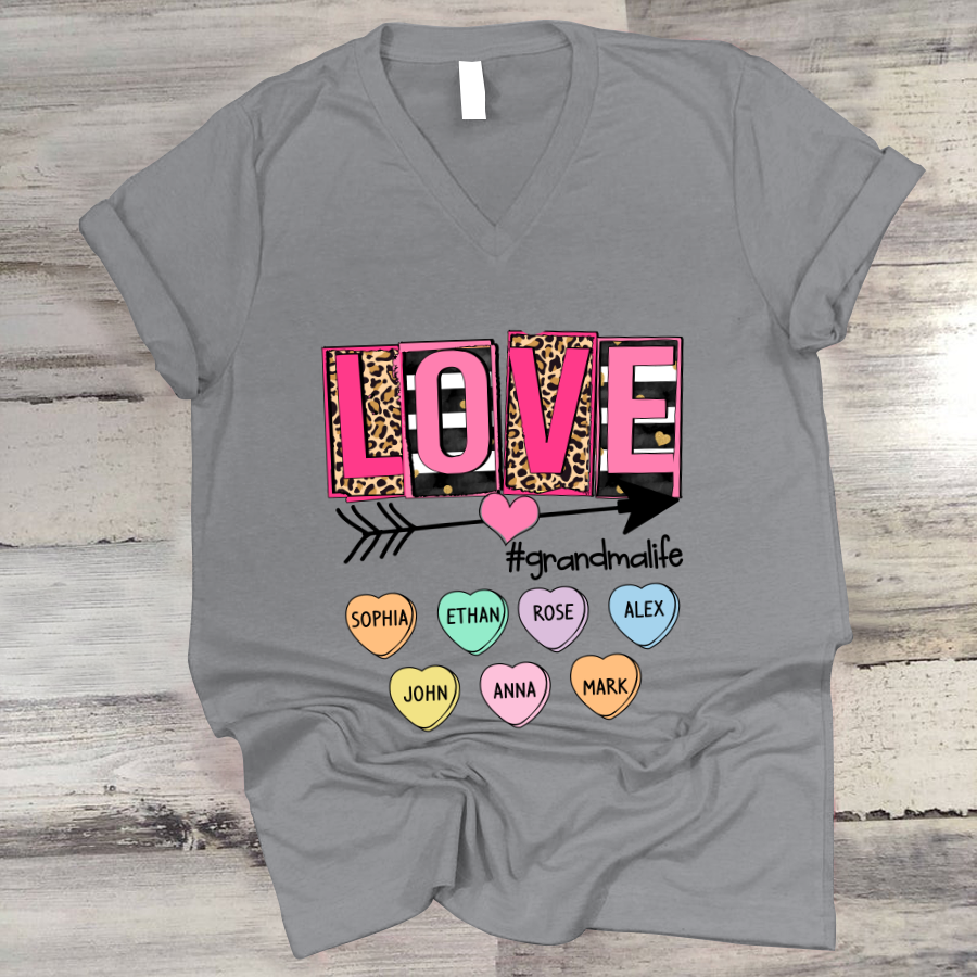 Valentines Love Shirt Personalized Grandma Heart Grandkids Names V-Neck