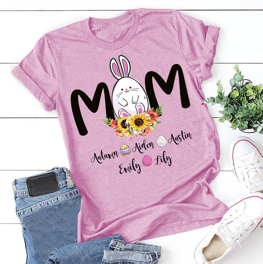 Apayprint -Mom,Mami,Mommy-Eggs, Kid’s Name | Personalized T-Shirt, S – 5XL, White Grey Pink Blue Black