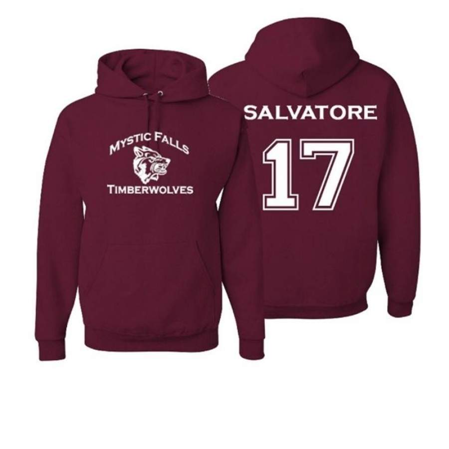 3 Colors Women’s Fashion Long Sleeve Vampire Diaries Mystic Falls Timberwolves Hoodie Salvatore 17 Print Sweatshirt