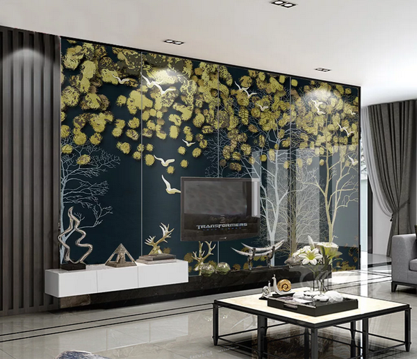 3D Golden Leaf Forest Animal Elk Wall Mural Wallpaper Lqh 333