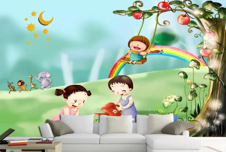 3D Cartoon Park Apple Tree Kid Animal Rainbow Wall Mural Wallpaper Lqh 328