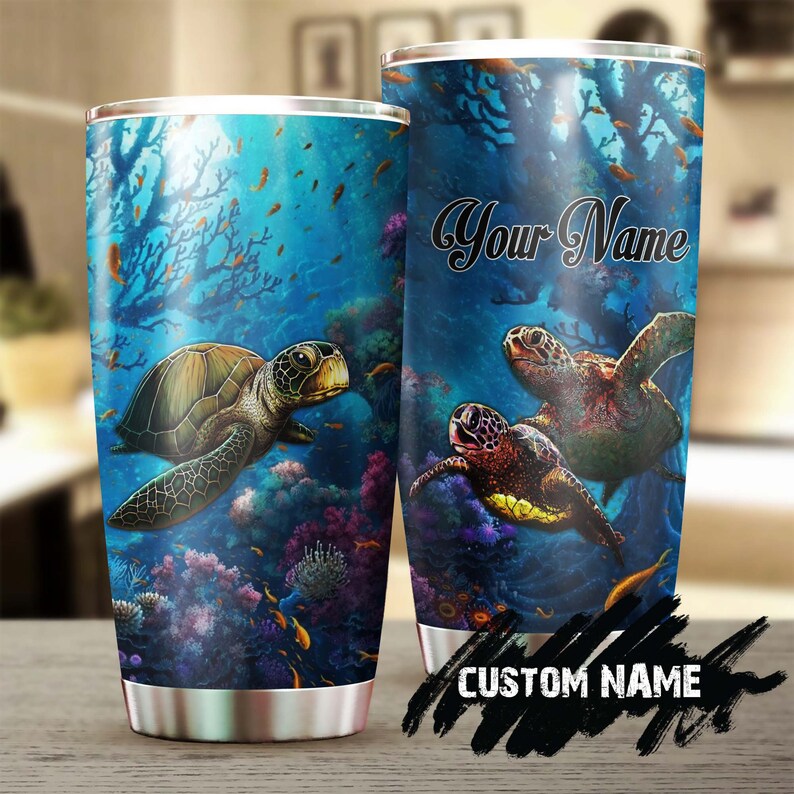 Swimming Sea Turtles Under The Sea Fancy Personalized Tumbler-Turtle Present-Unique Tumbler-Birthday Christmas Gift For Turtle Lover