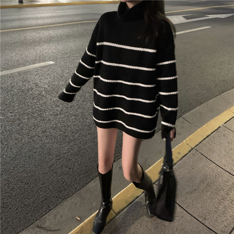 Turtleneck Sweater Women Warm Lazy Loose Thicken All-match Casual Striped Street Wear Fashion Winter Chic Korean Style Vintage alx