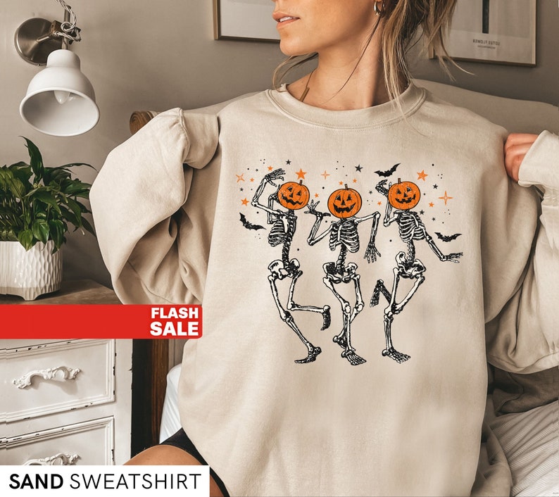 Skeleton Halloween Shirt, Pumpkin Halloween, Fall Sweatshirt Spooky Season Sweatshirt All Over Print Sweatshirt For Women Sweatshirt For Men