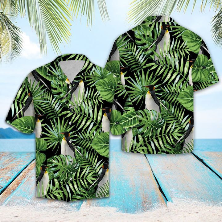 Penguin Green Tropical Hawaiian Shirt Summer Button Up For Men, Women, Couple