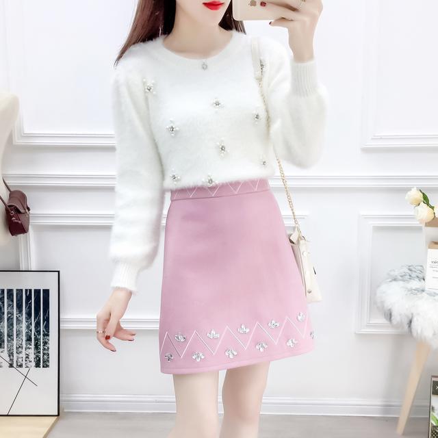 Women 2021 Autumn Winter New Fashion 2 Piece Sets Female Solid Color Sweater Warm Tops Ladies Woolen Short Skirt Suits Q209 alx