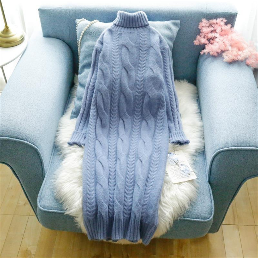 Winter Turtleneck Twist Knitting Dresses Women Warm Candy Color Rib Knited Pullover Dress Elegant Chic Solid Sweater Dresses alx