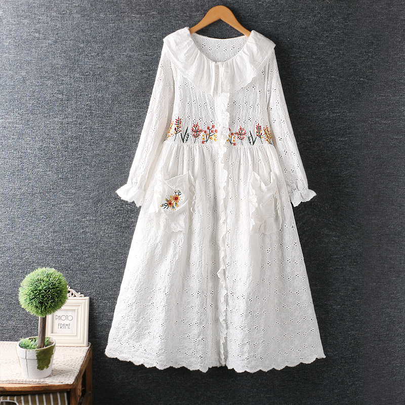 Women Dress Japan Style Mori Girl Hollow out Embroidery Solid Color Long Sleeve Cotton and linen Dress alx