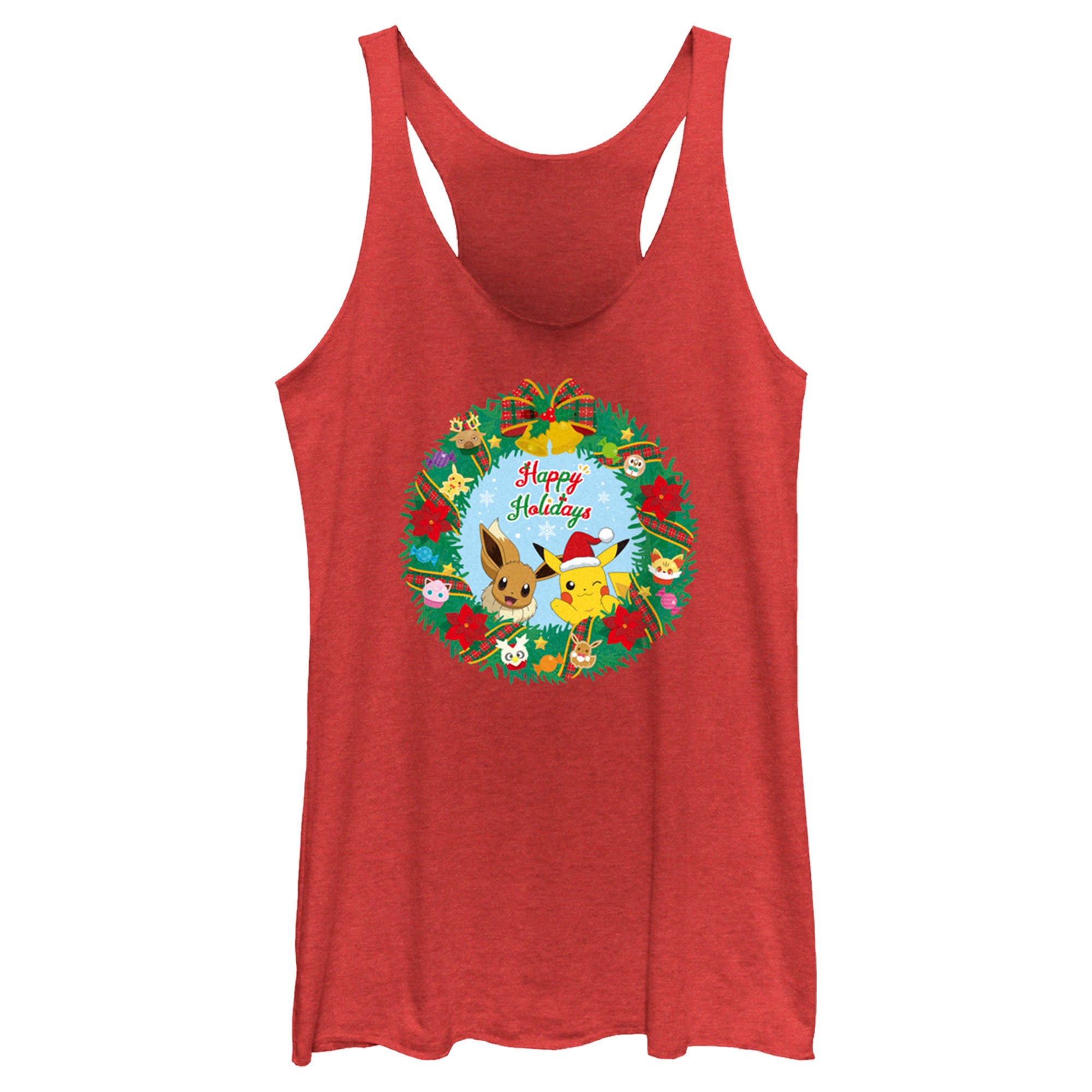 Women’S Pokemon Pikachu And Eevee Happy Holidays Racerback Tank Top