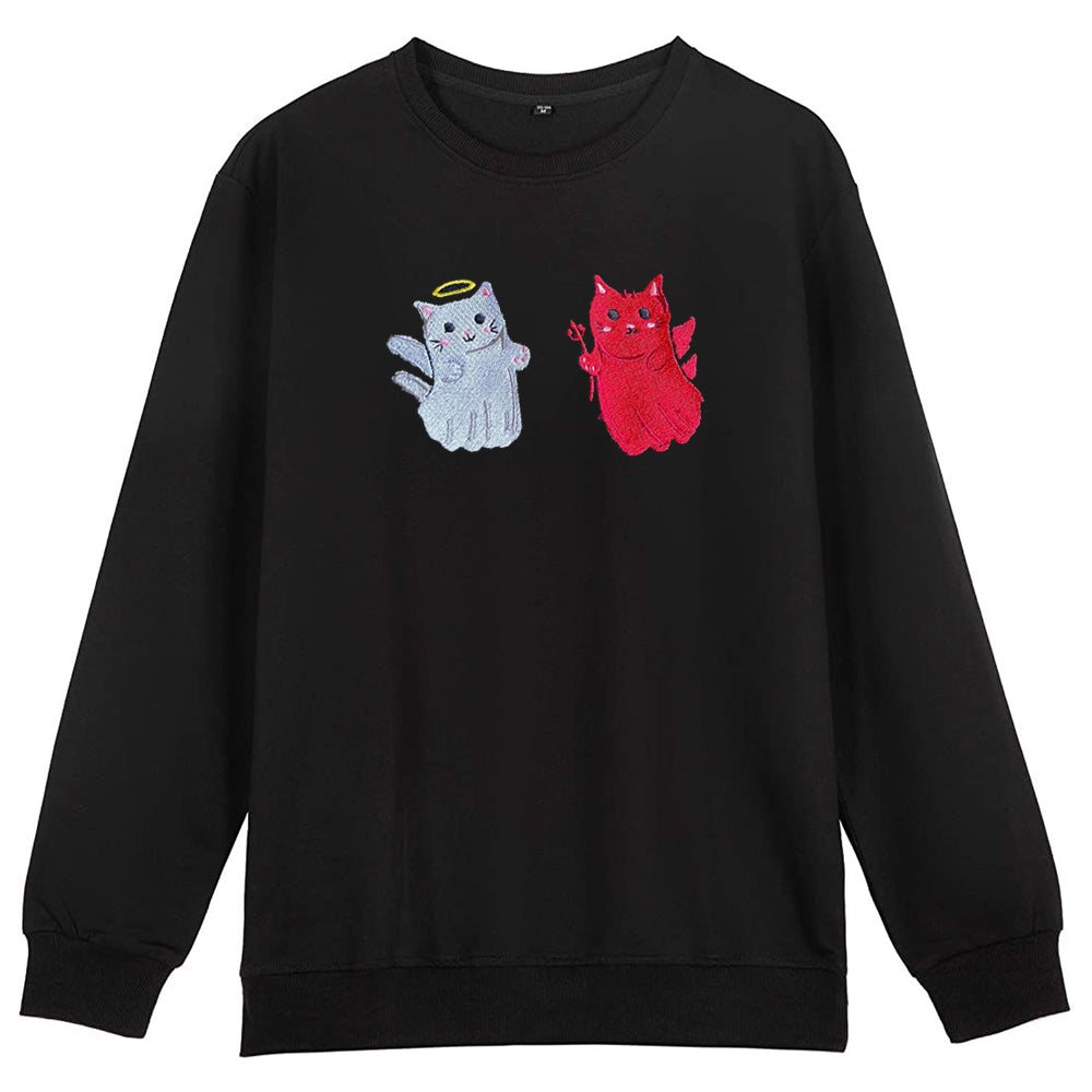 Angel And Devil Cat Halloween Embroidered Sweatshirt 2D Crewneck Sweatshirt All Over Print Sweatshirt For Women Sweatshirt For Men Sws4925