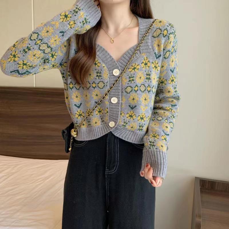 Sweet Elegan V-neck Single Breasted Knitted Vintage Cardigan Sweaters for Women 2022 New Chic Small Fragrance Style Sweaters top alx