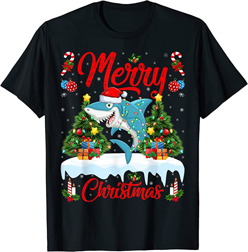 Shark Fish Lights Xmas Tree Santa Shark Christmas T-Shirt