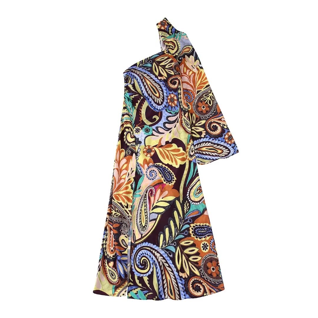 Zevity Women Vintage One Shoulder Paisley Totem Floral Print Split Midi Dress Female Chic Long Sleeve Slim Court Vestidos DS2133 alx