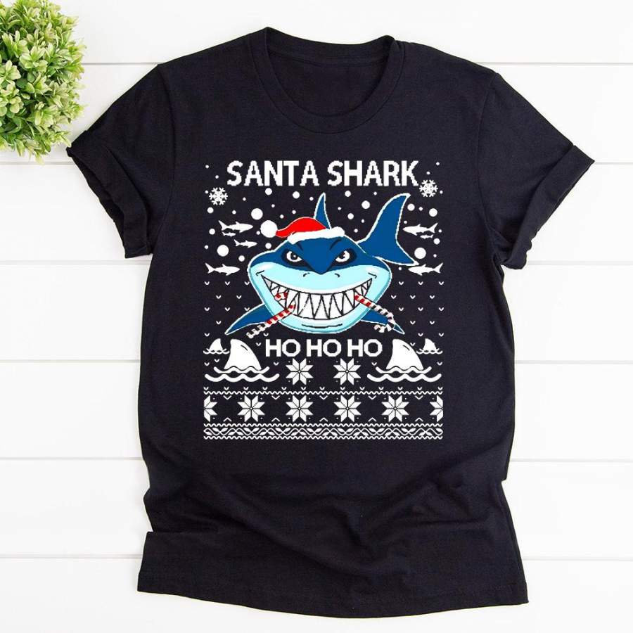 Santa shark ho ho ho funny shark beach santa hat candy cane black cotton t shirt for men and women S-6XL