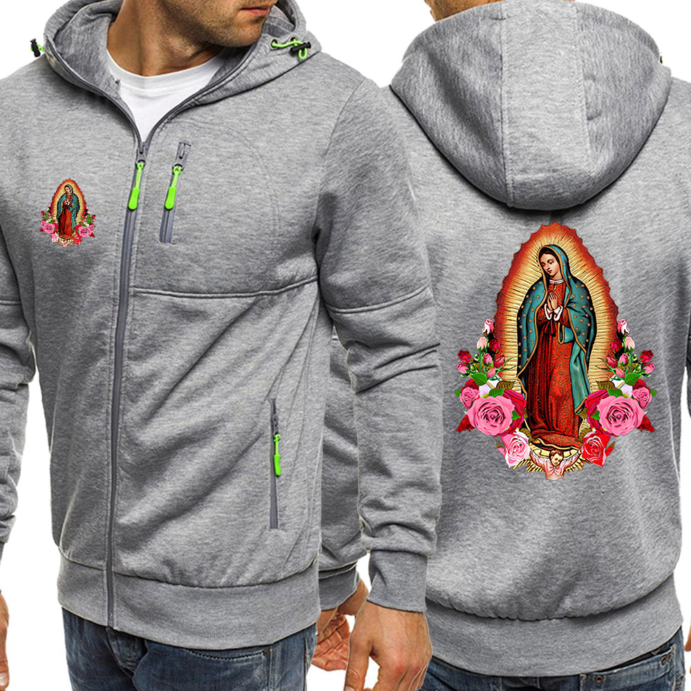 Virgin Mary Of Guadalupe Print Men Zipper Sweatshirt Creativity Fleece Hoody Loose Casual Hoodies Autumn Fleece Man Long Sleeves alx