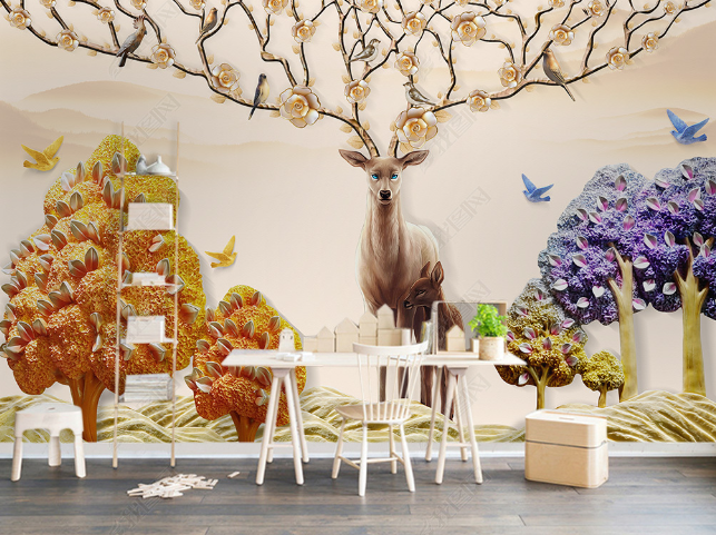 3D Retro Tree Animal Elk Wall Mural Wallpaper Lqh 120