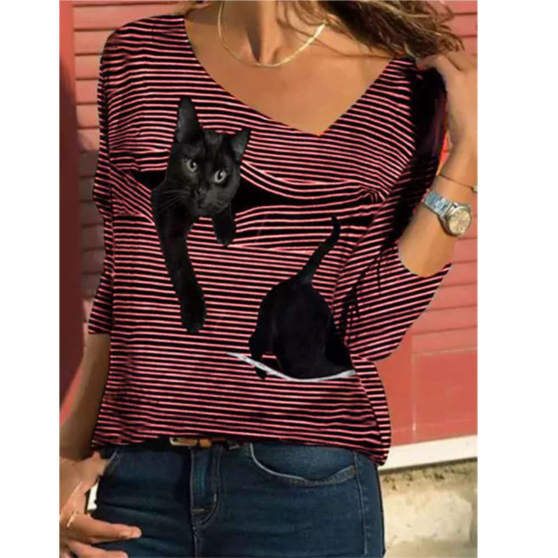 Spring Autumn Casual Funny Cute Cat 3D Printed Tops Women Long Sleeve V Neck Stripe T Shirt Lady Street Hipster Loose Pullovers alx