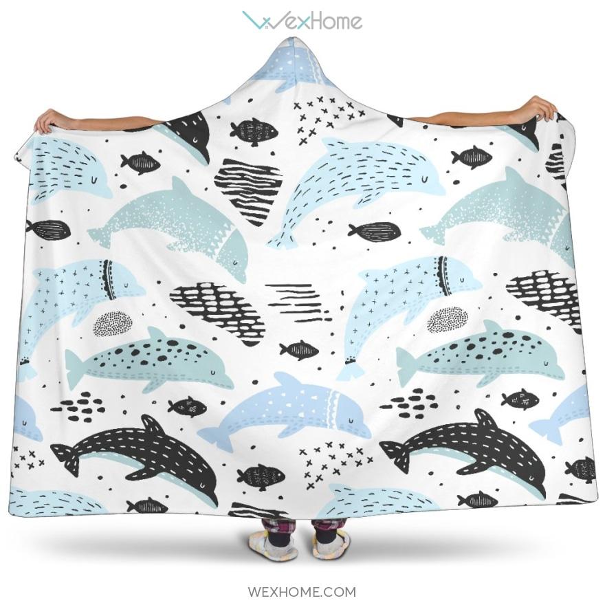 Cute Dolphins Childish Style Pattern Hooded Blanket